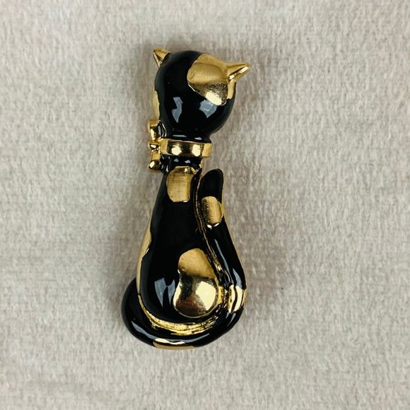 Vintage Kitty Cat Gold Tone and Black Enamel Brooch - Picture 1 of 4